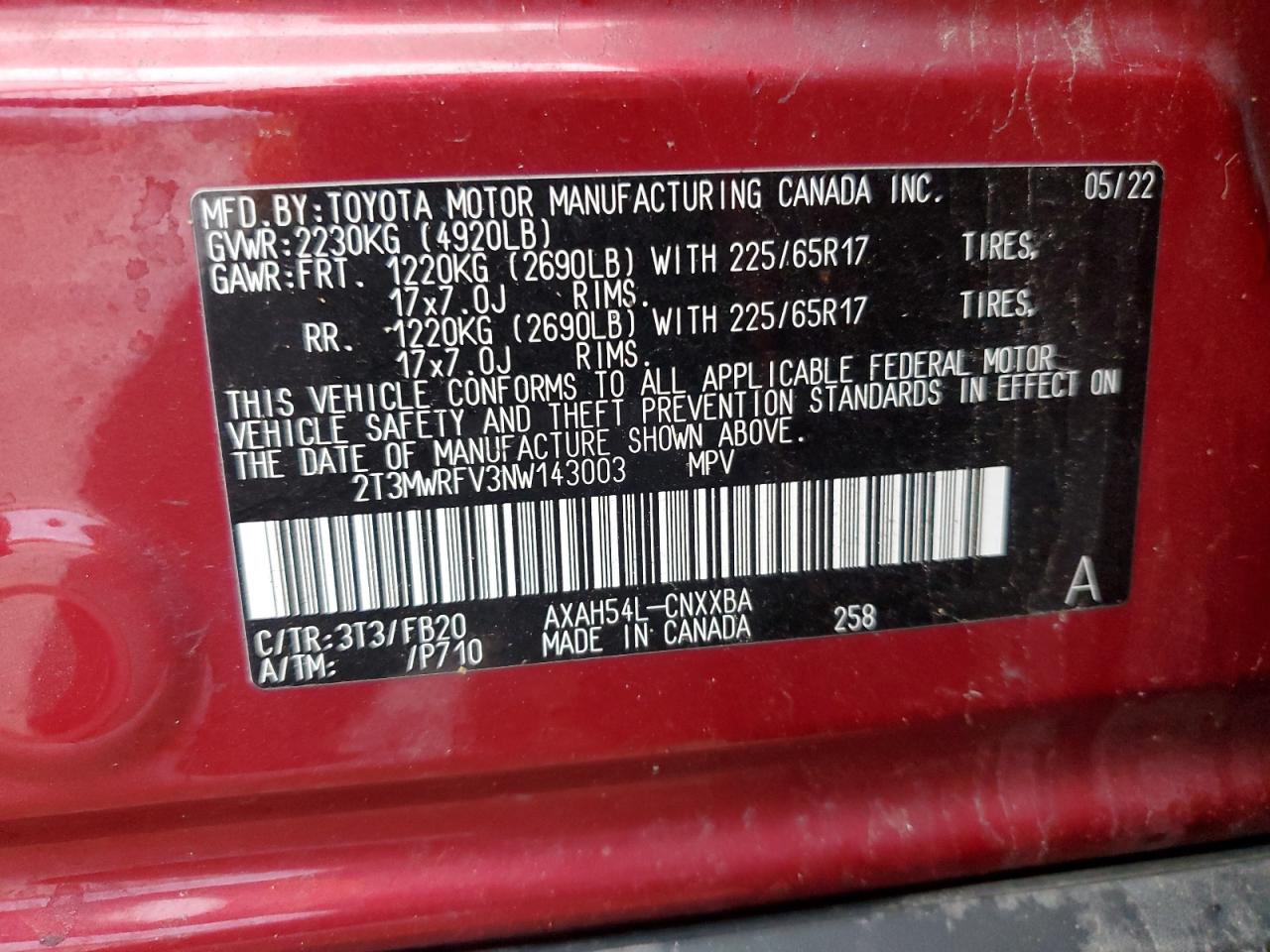 2022 TOYOTA RAV4 LE VIN:2T3MWRFV3NW143003