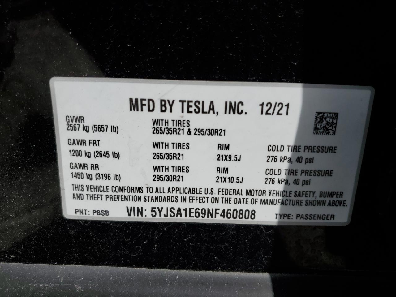 2022 TESLA MODEL S  VIN:5YJSA1E69NF460808