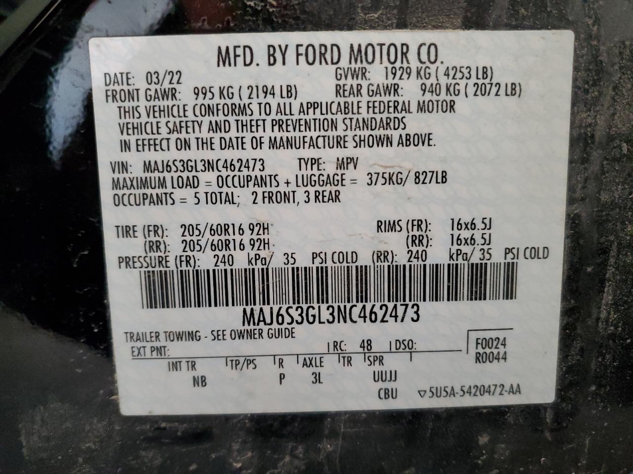 2022 FORD ECOSPORT SE VIN:MAJ6S3GL3NC462473