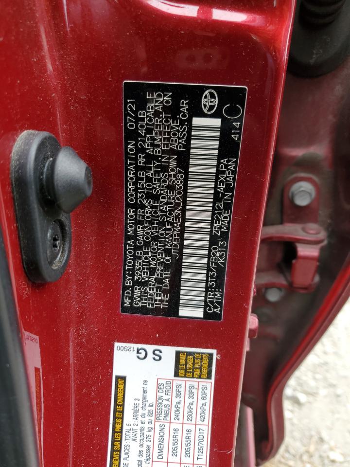 2022 TOYOTA COROLLA LE VIN:JTDEPMAE3NJ203887