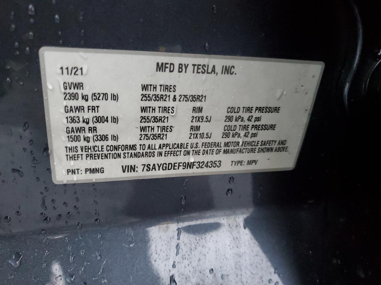 2022 TESLA MODEL Y  VIN:7SAYGDEF9NF324353