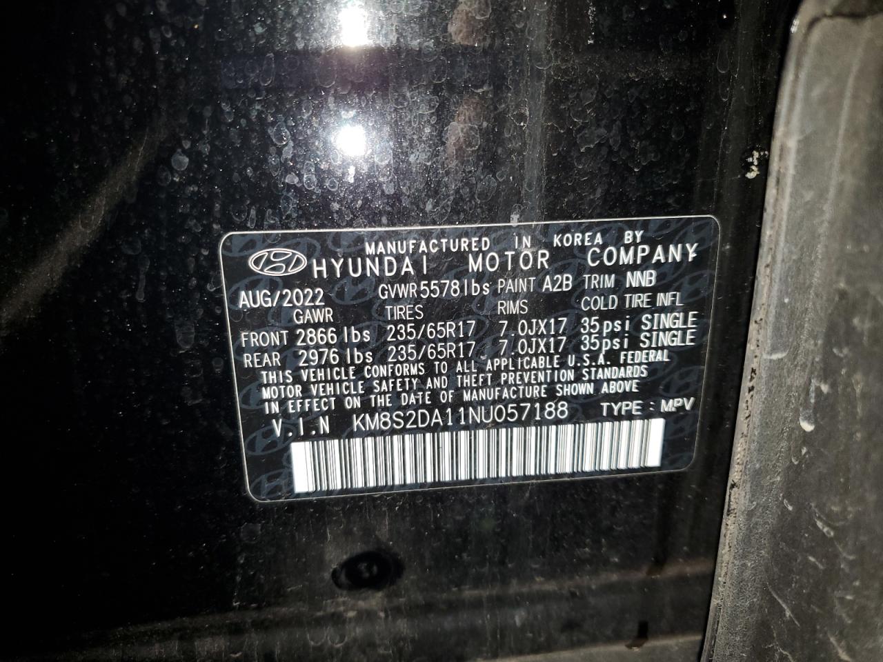 2022 HYUNDAI SANTA FE BLUE VIN:KM8S2DA11NU057188