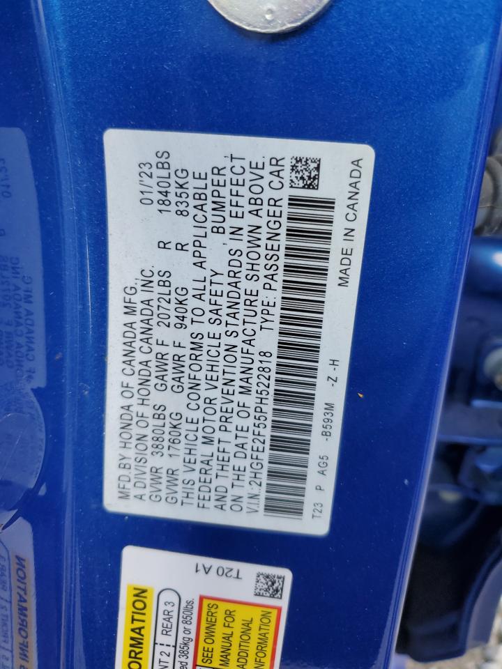 2023 HONDA CIVIC SPORT VIN:2HGFE2F55PH522818