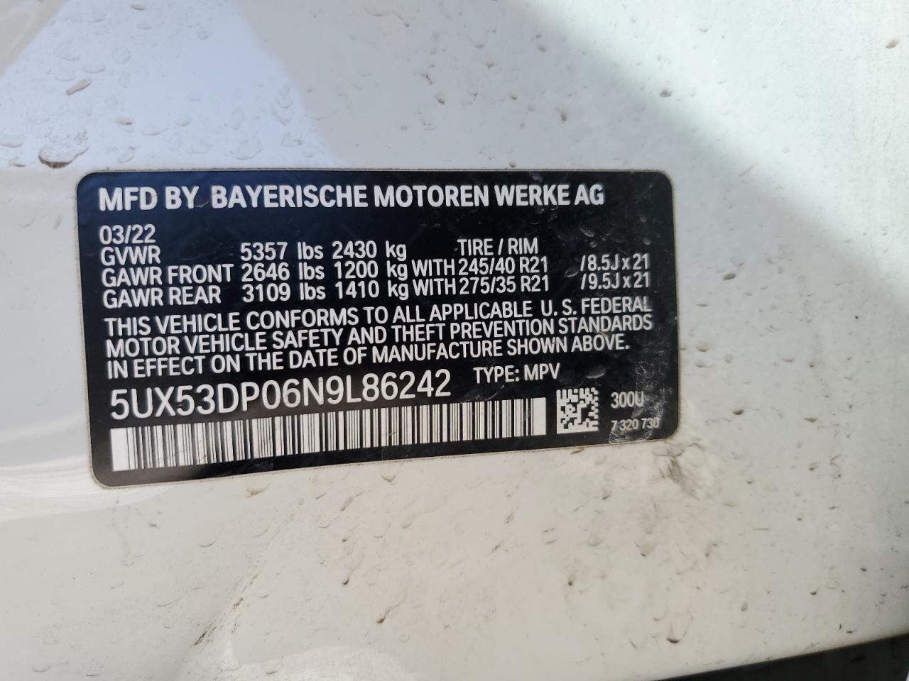 2022 BMW X3 XDRIVE30I VIN:5UX53DP06N9L86242