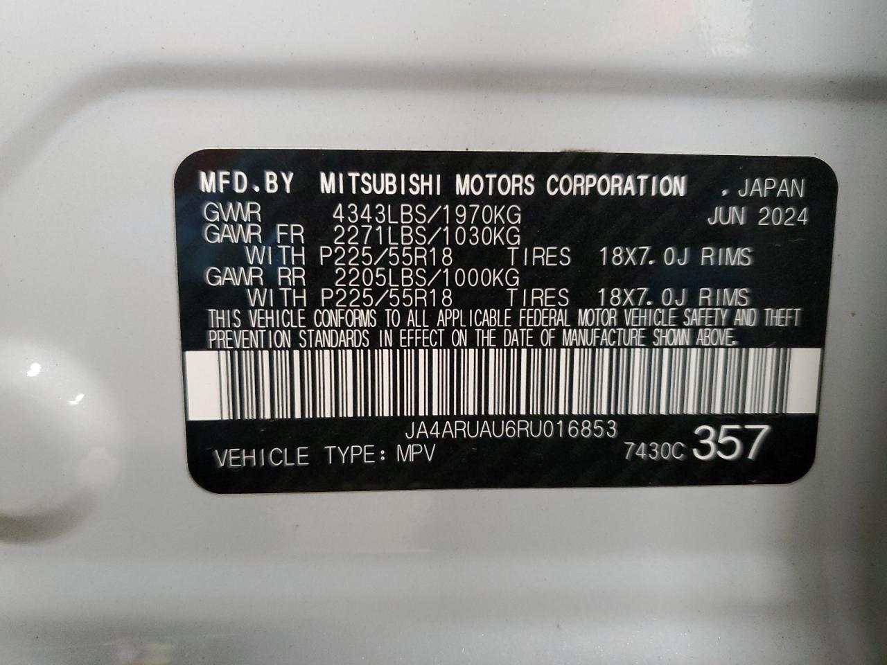 2024 MITSUBISHI OUTLANDER SPORT S/SE VIN:JA4ARUAU6RU016853