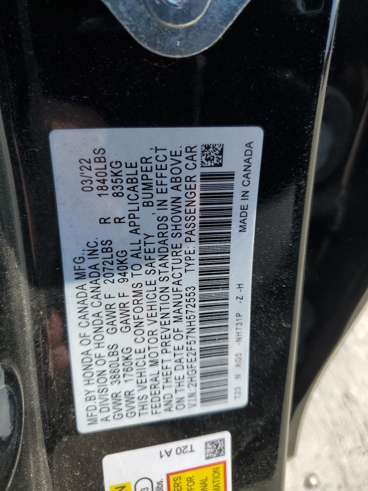 2022 HONDA CIVIC SPORT VIN:2HGFE2F57NH572553