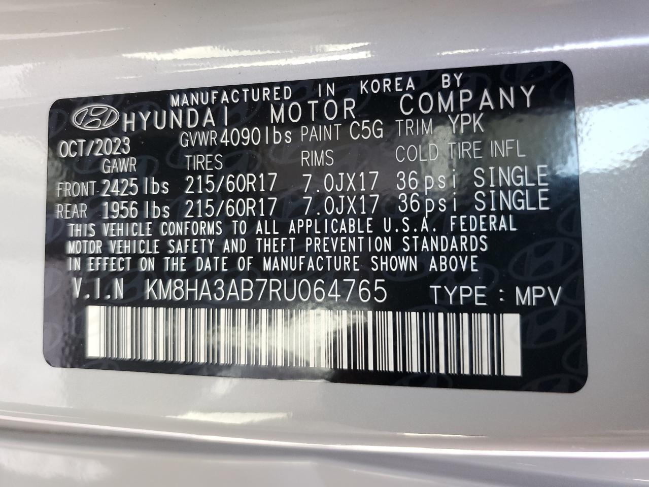 2024 HYUNDAI KONA SE VIN:KM8HA3AB7RU064765