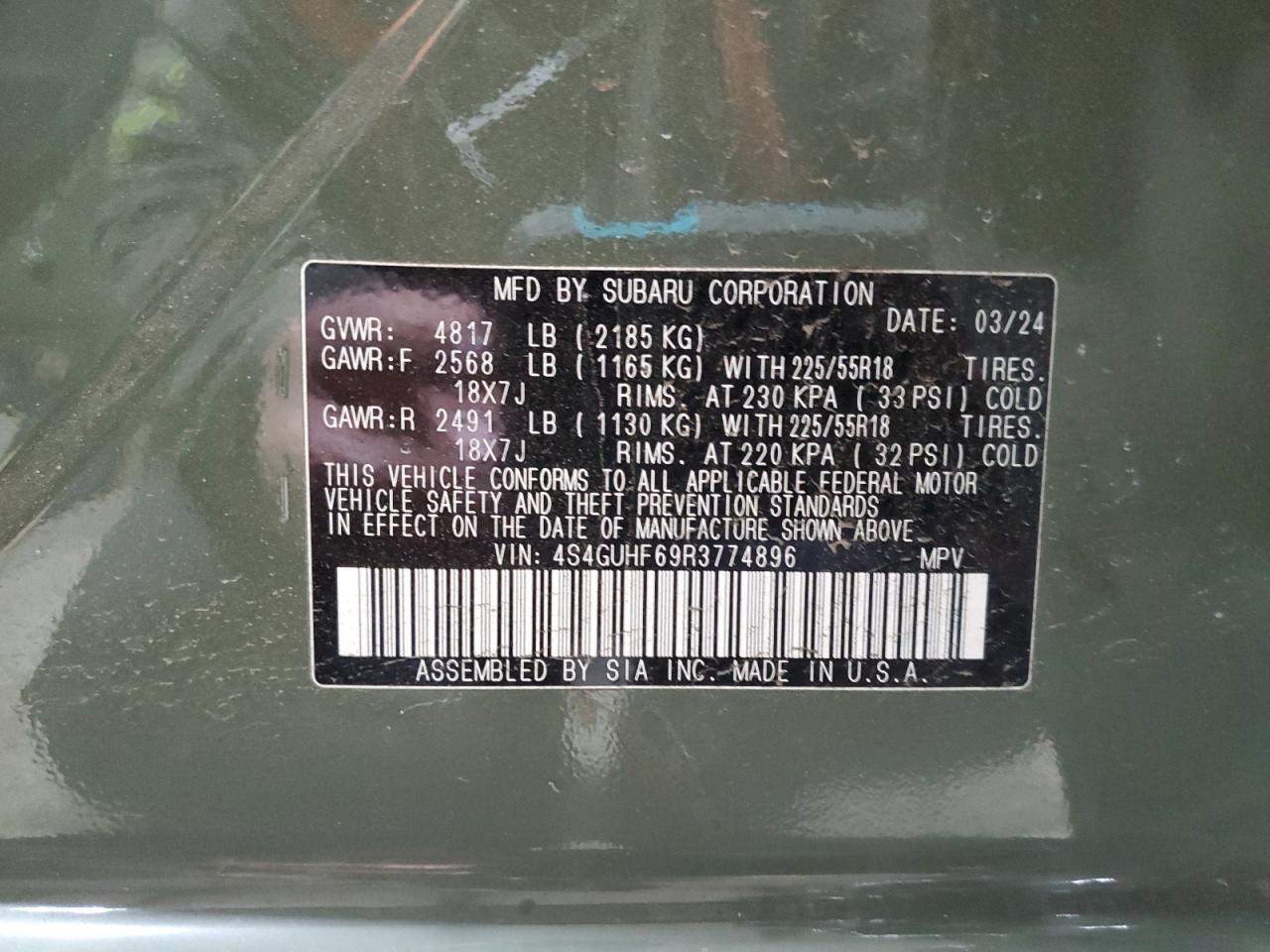 2024 SUBARU CROSSTREK SPORT VIN:4S4GUHF69R3774896