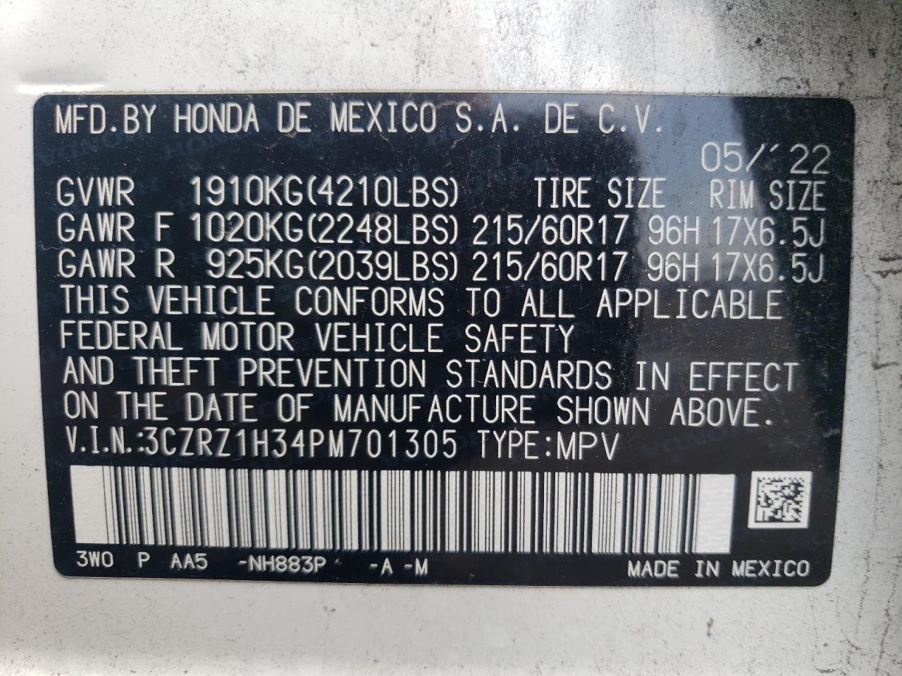 2023 HONDA HR-V LX VIN:3CZRZ1H34PM701305