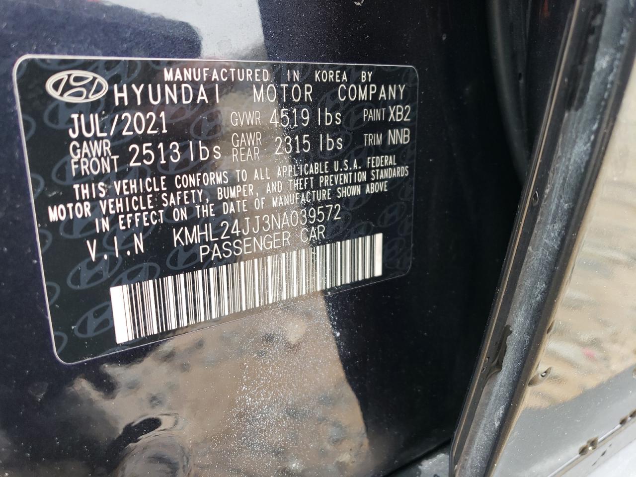 2022 HYUNDAI SONATA HYBRID VIN:KMHL24JJ3NA039572