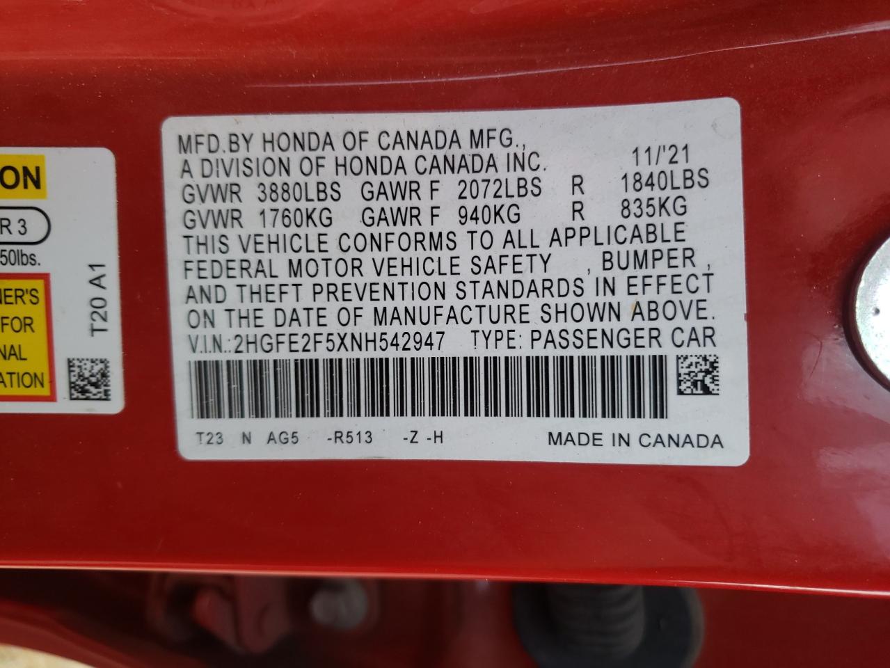 2022 HONDA CIVIC SPORT VIN:2HGFE2F5XNH542947