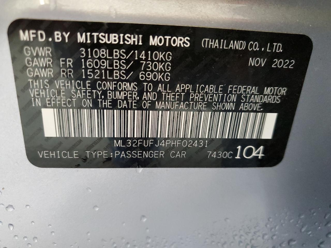 2023 MITSUBISHI MIRAGE G4 ES VIN:ML32FUFJ4PHF02431