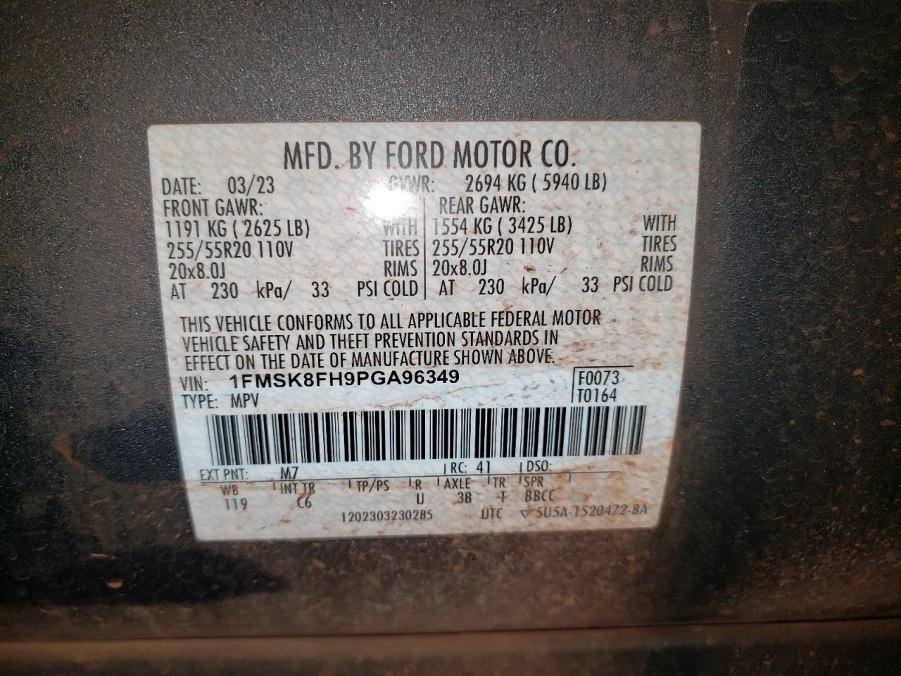 2023 FORD EXPLORER LIMITED VIN:1FMSK8FH9PGA96349