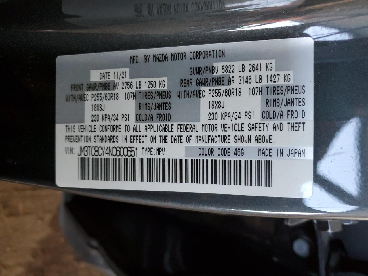 2022 MAZDA CX-9 TOURING VIN:JM3TCBCY4N0600651