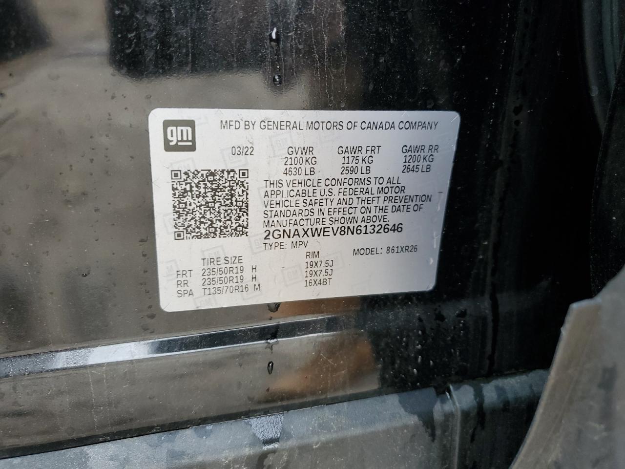 2022 CHEVROLET EQUINOX RS VIN:2GNAXWEV8N6132646