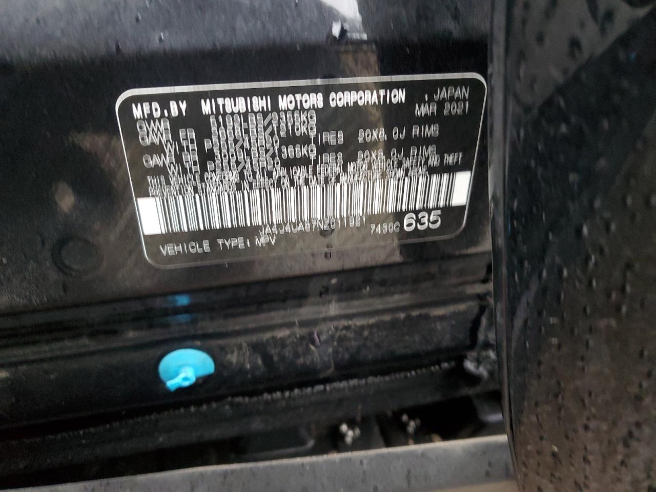 2022 MITSUBISHI OUTLANDER SE VIN:JA4J4UA87NZ011921