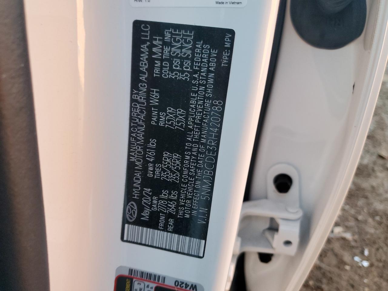 2024 HYUNDAI TUCSON SEL VIN:5NMJBCDE3RH420788