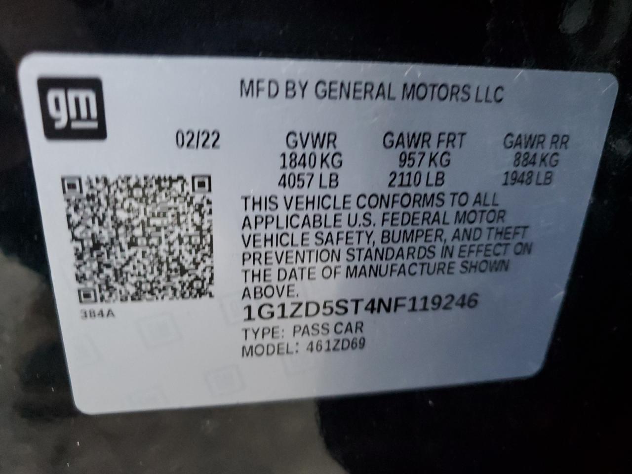 2022 CHEVROLET MALIBU LT VIN:1G1ZD5ST4NF119246