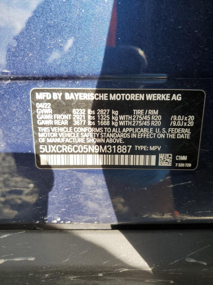 2022 BMW X5 XDRIVE40I VIN:5UXCR6C05N9M31887
