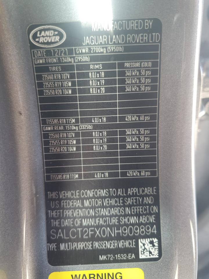 2022 LAND ROVER DISCOVERY SPORT S R-DYNAMIC VIN:SALCT2FX0NH909894