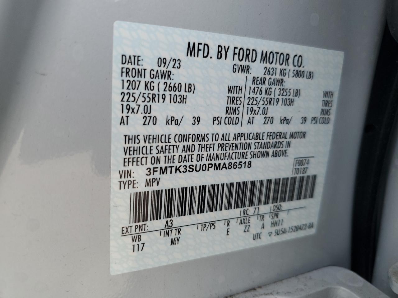 2023 FORD MUSTANG MACH-E PREMIUM VIN:3FMTK3SU0PMA86518