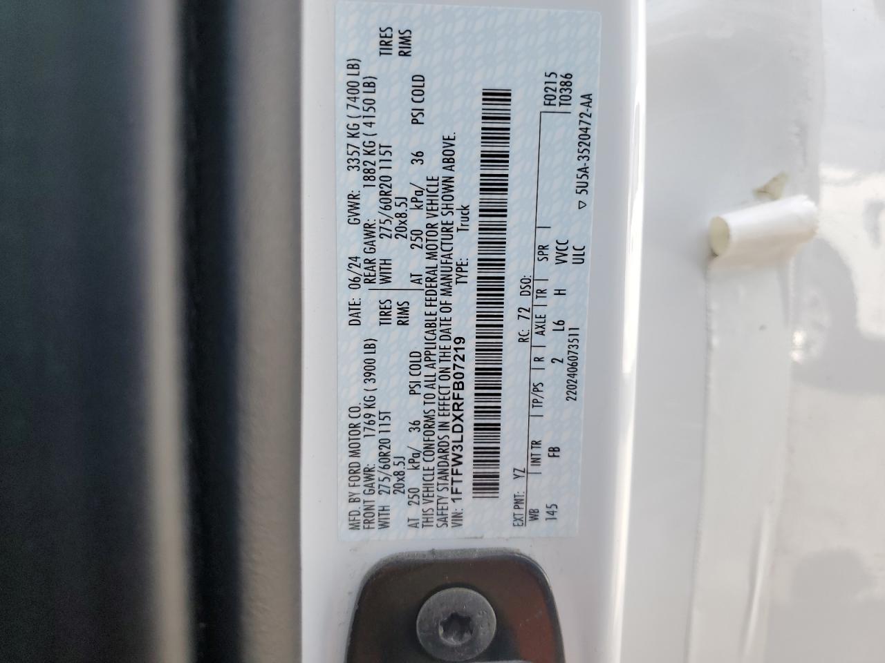 2024 FORD F150 XLT VIN:1FTFW3LDXRFB07219