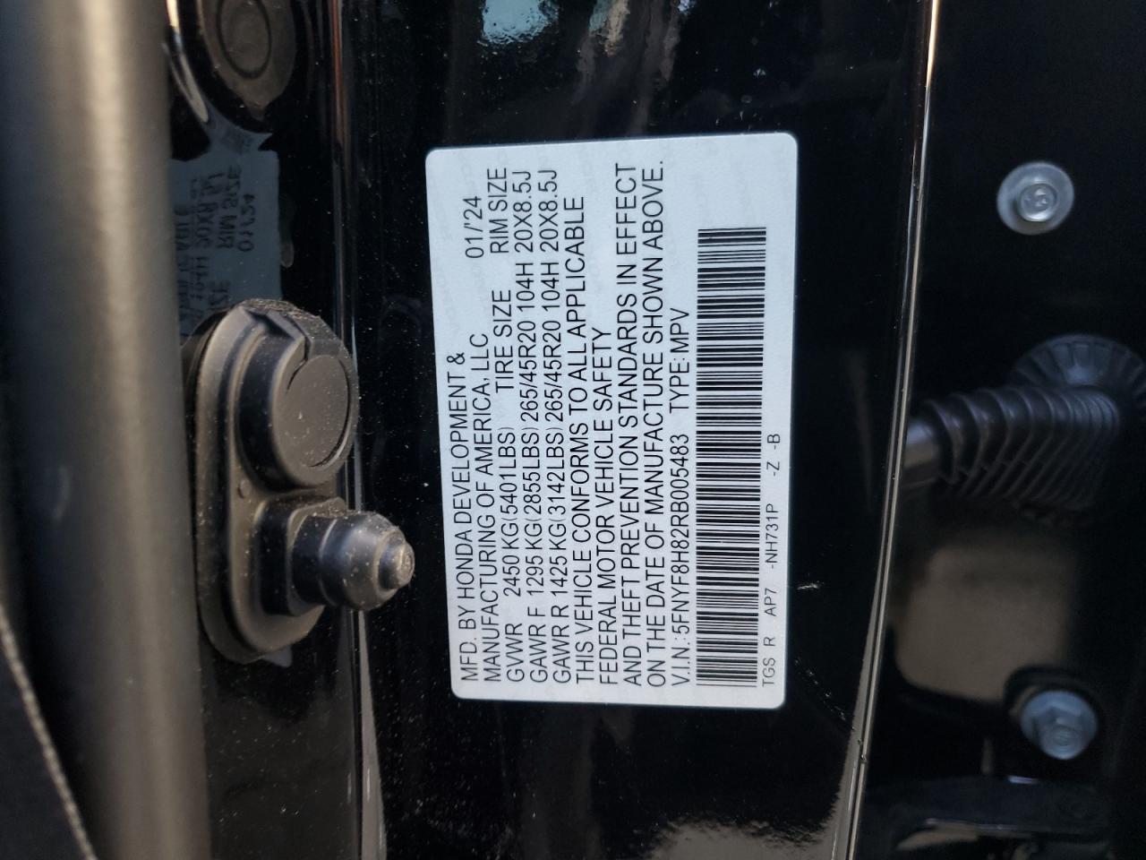 2024 HONDA PASSPORT BLACK EDITION VIN:5FNYF8H82RB005483