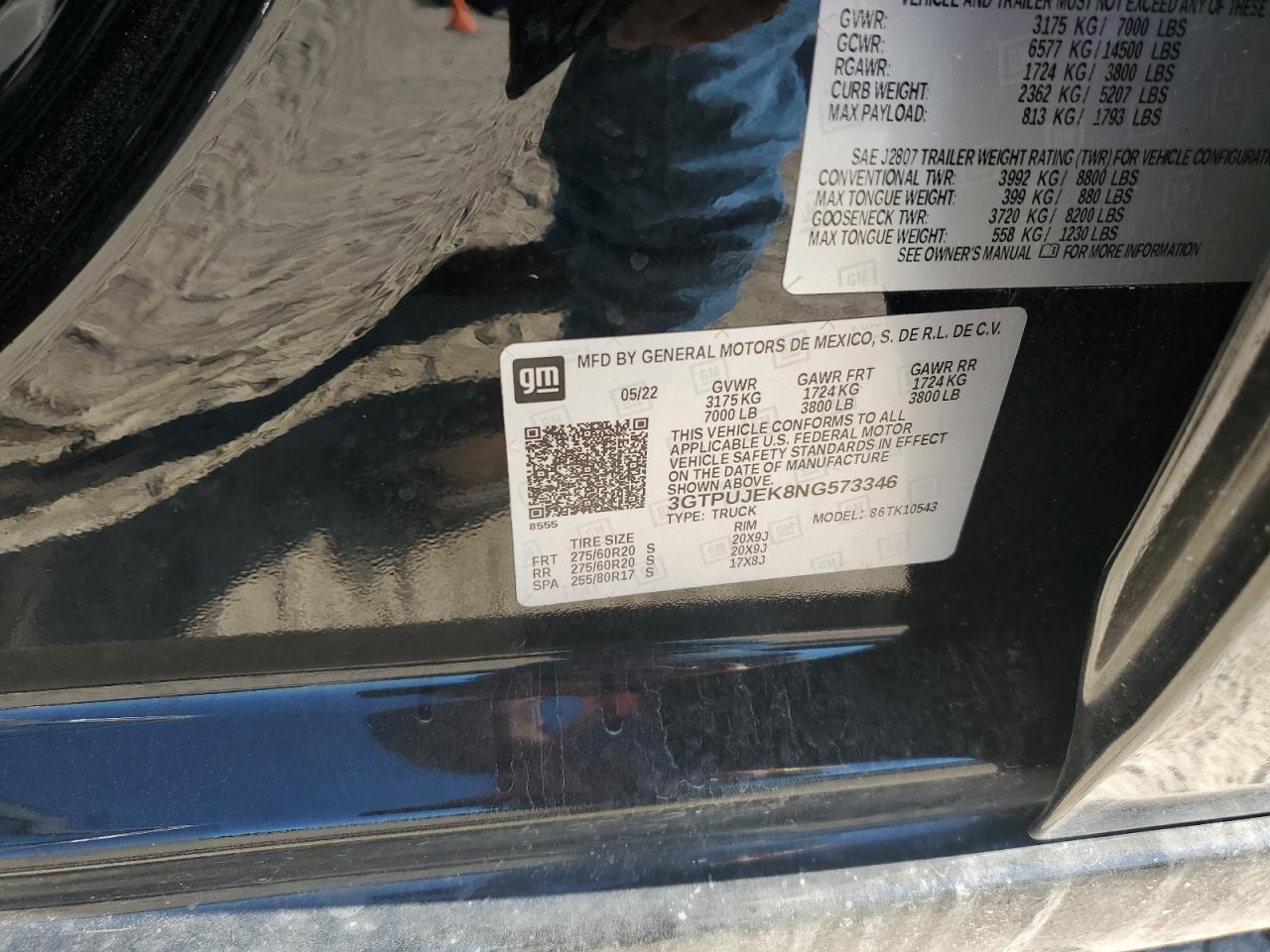 2022 GMC SIERRA K1500 ELEVATION-L VIN:3GTPUJEK8NG573346