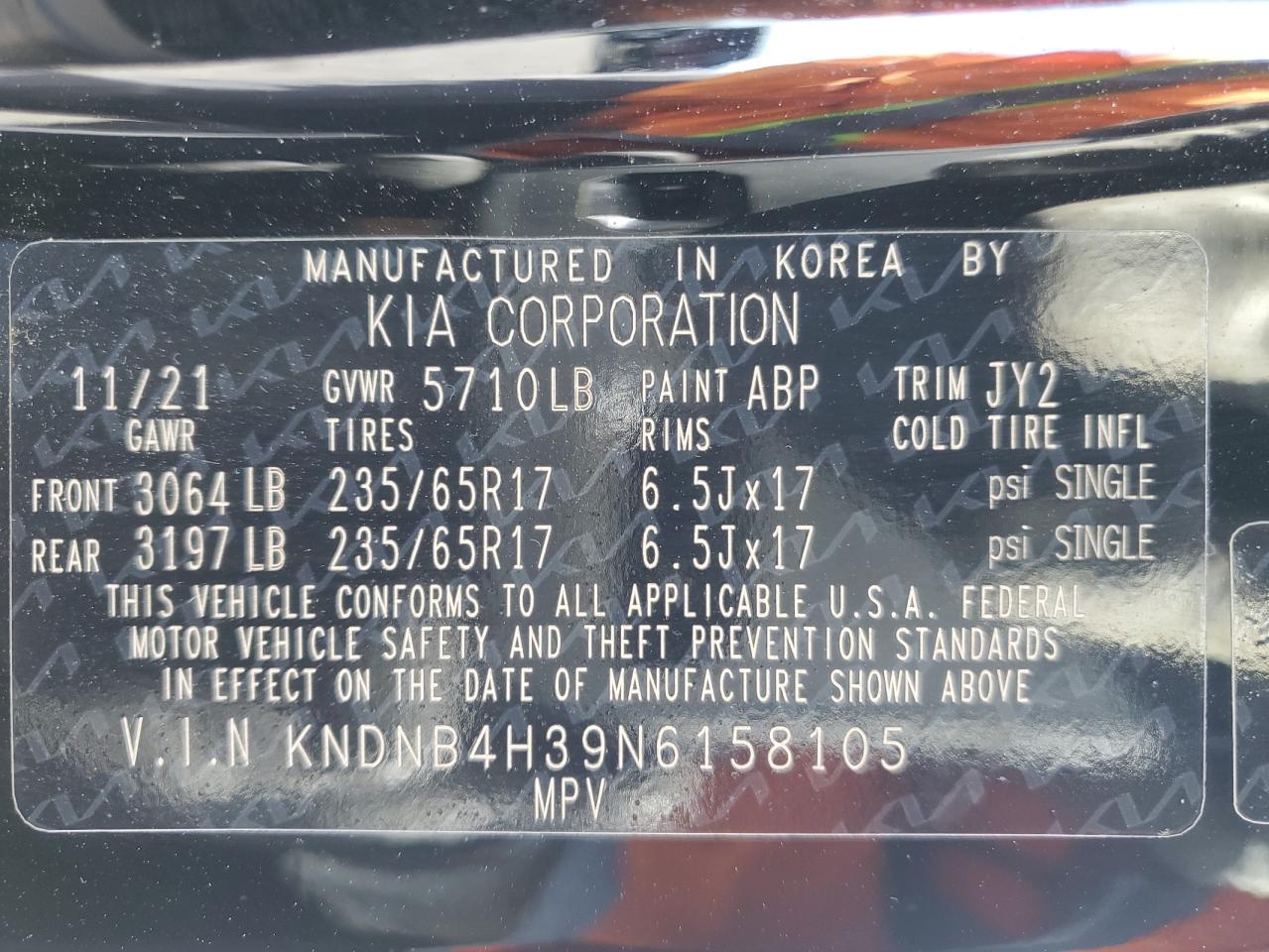 2022 KIA CARNIVAL LX VIN:KNDNB4H39N6158105