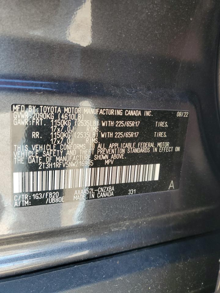 2022 TOYOTA RAV4 LE VIN:2T3H1RFV5NW216985