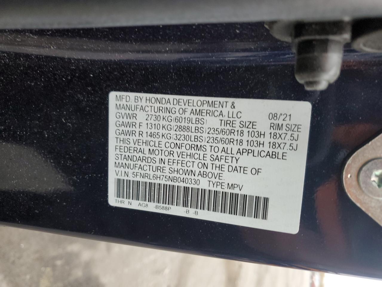 2022 HONDA ODYSSEY EXL VIN:5FNRL6H75NB040330