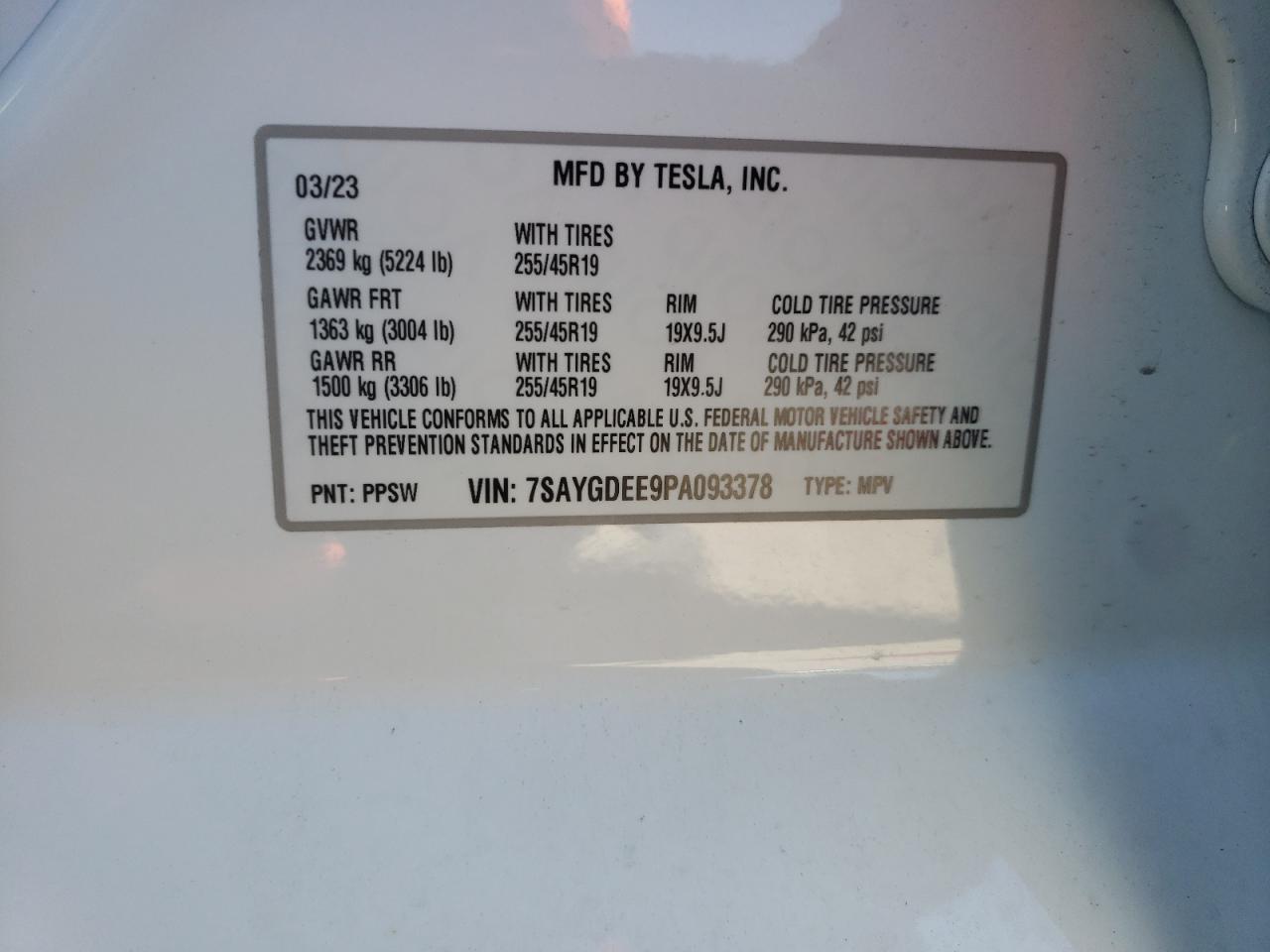 2023 TESLA MODEL Y  VIN:7SAYGDEE9PA093378