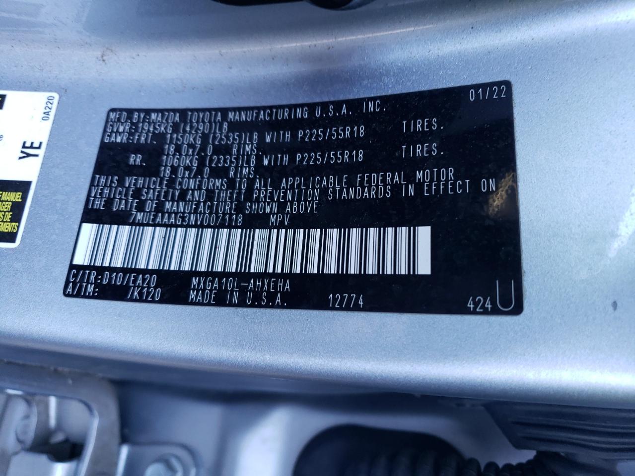 2022 TOYOTA COROLLA CROSS XLE VIN:7MUEAAAG3NV007118