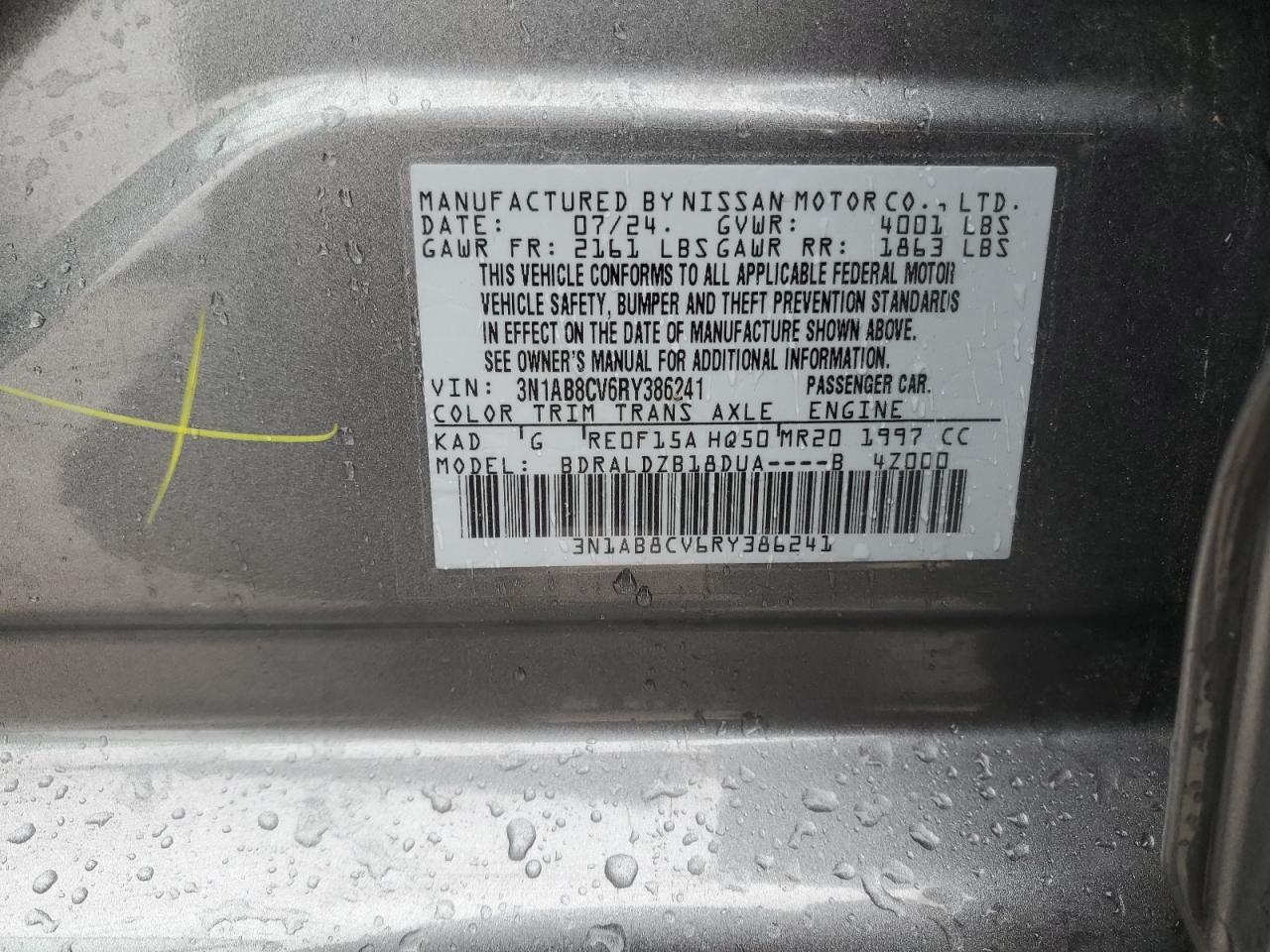 2024 NISSAN SENTRA SV VIN:3N1AB8CV6RY386241