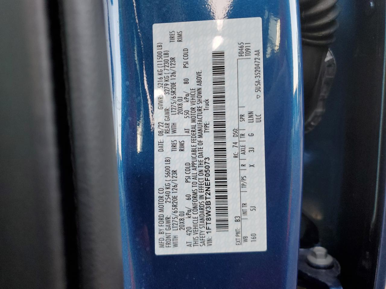2022 FORD F350 SUPER DUTY VIN:1FT8W3BT2NEF05073