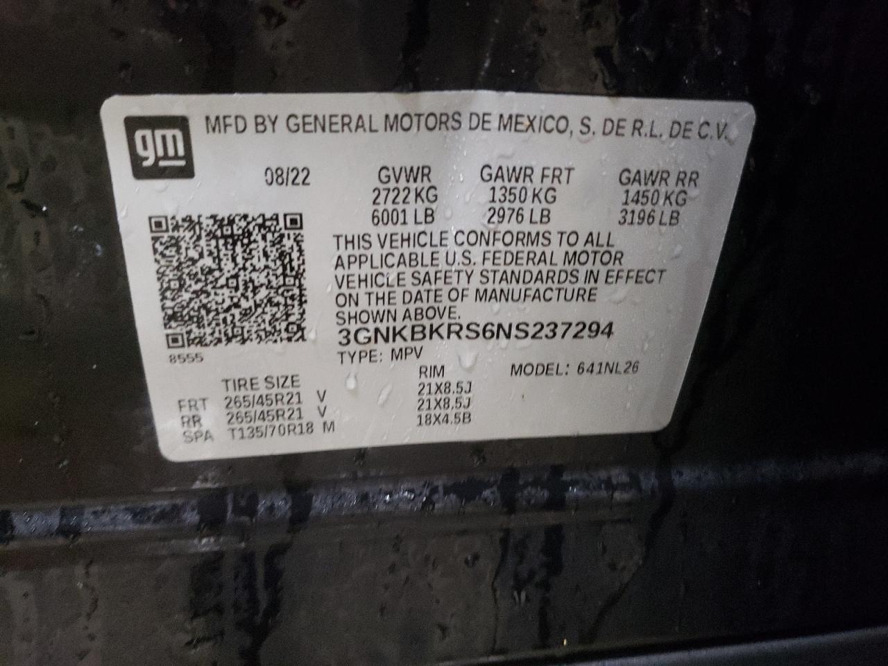 2022 CHEVROLET BLAZER RS VIN:3GNKBKRS6NS237294