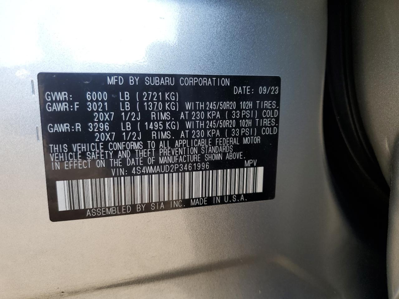 2023 SUBARU ASCENT LIMITED VIN:4S4WMAUD2P3461996