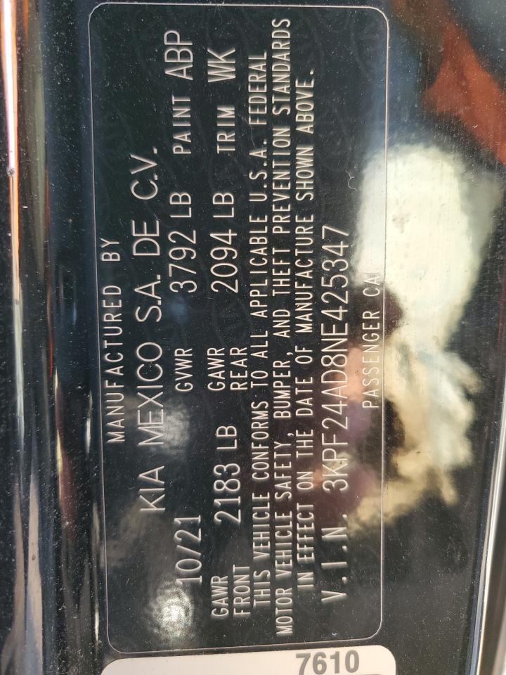 2022 KIA FORTE FE VIN:3KPF24AD8NE425347