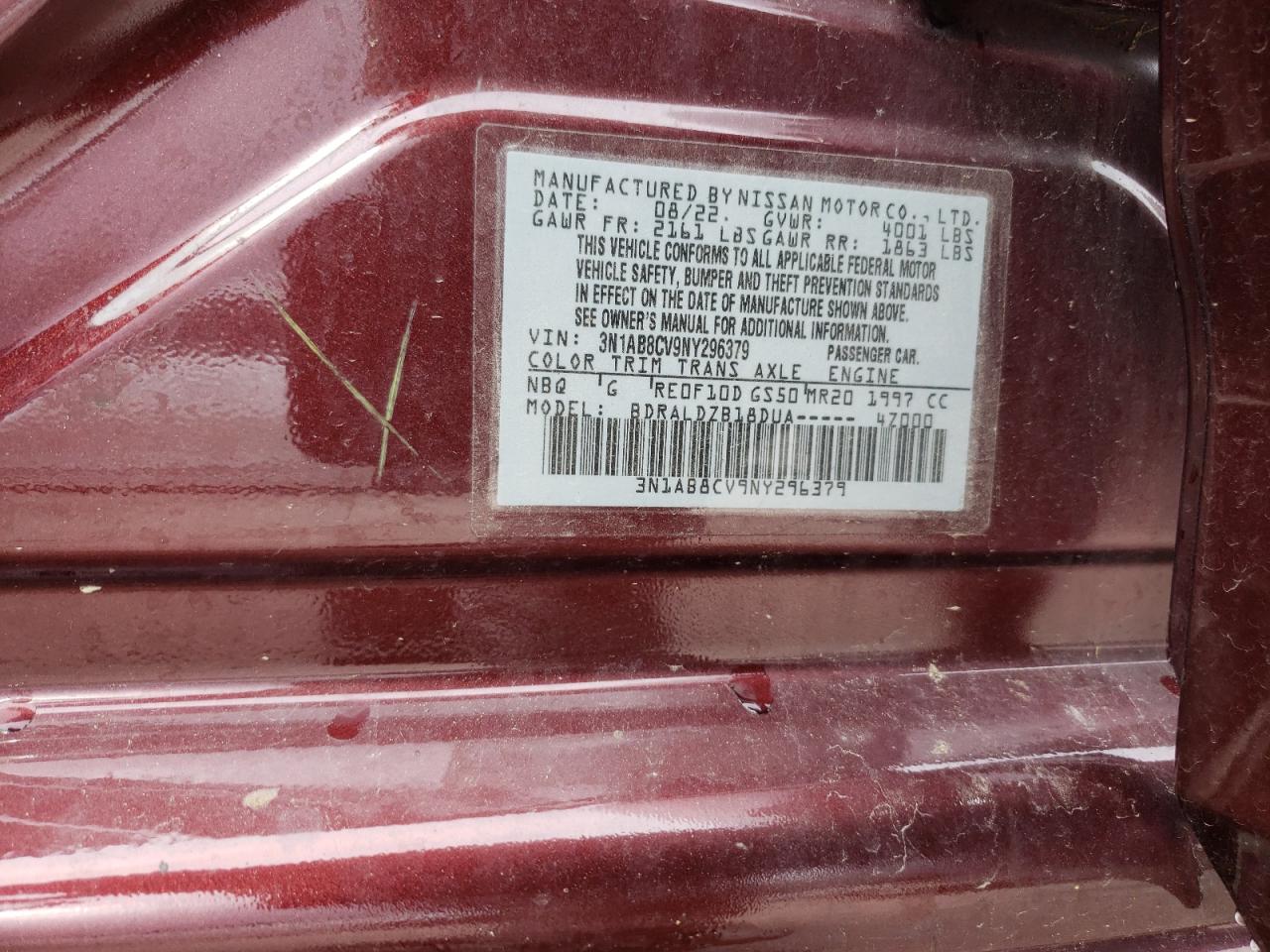 2022 NISSAN SENTRA SV VIN:3N1AB8CV9NY296379