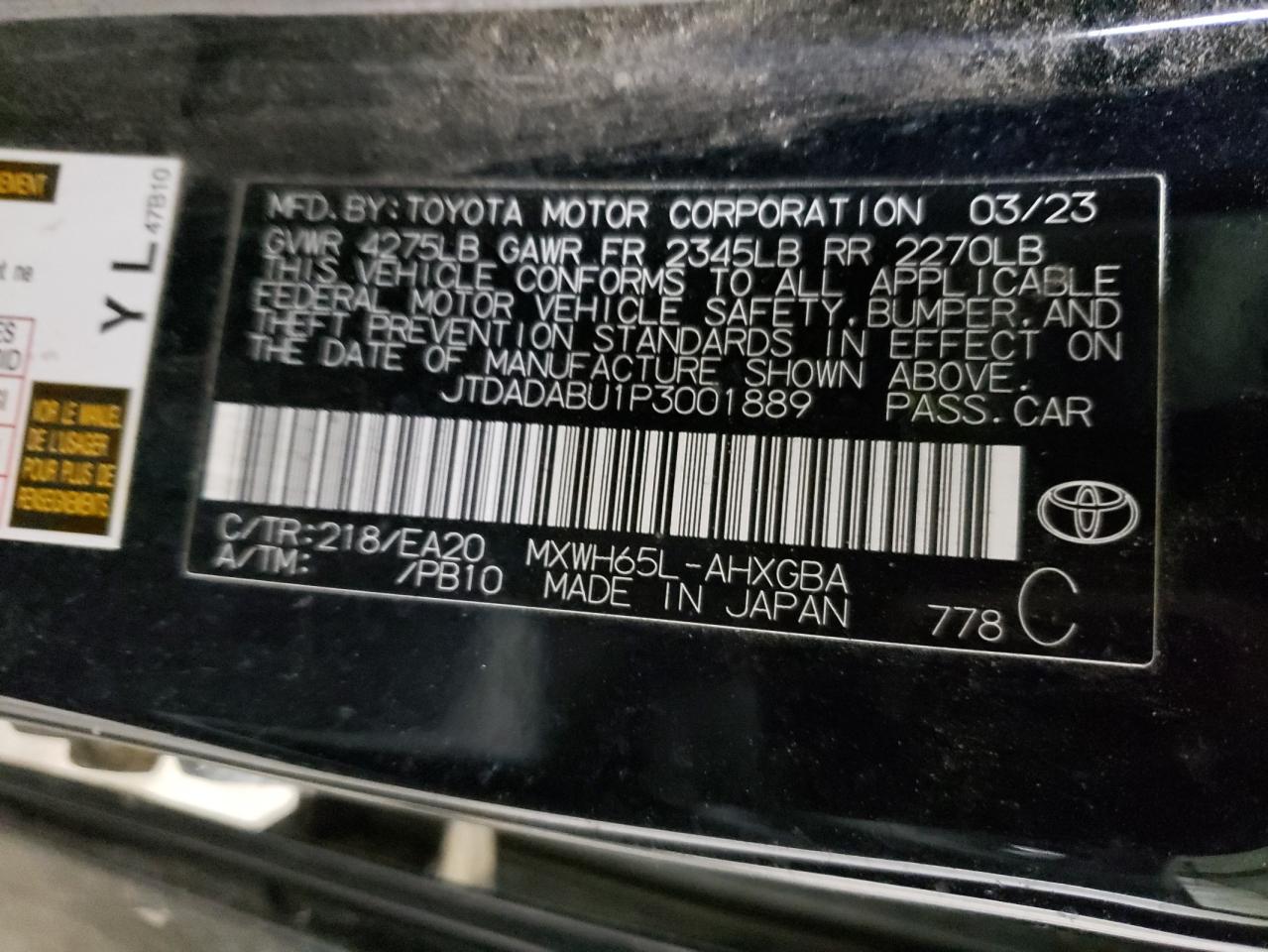 2023 TOYOTA PRIUS LE VIN:JTDADABU1P3001889