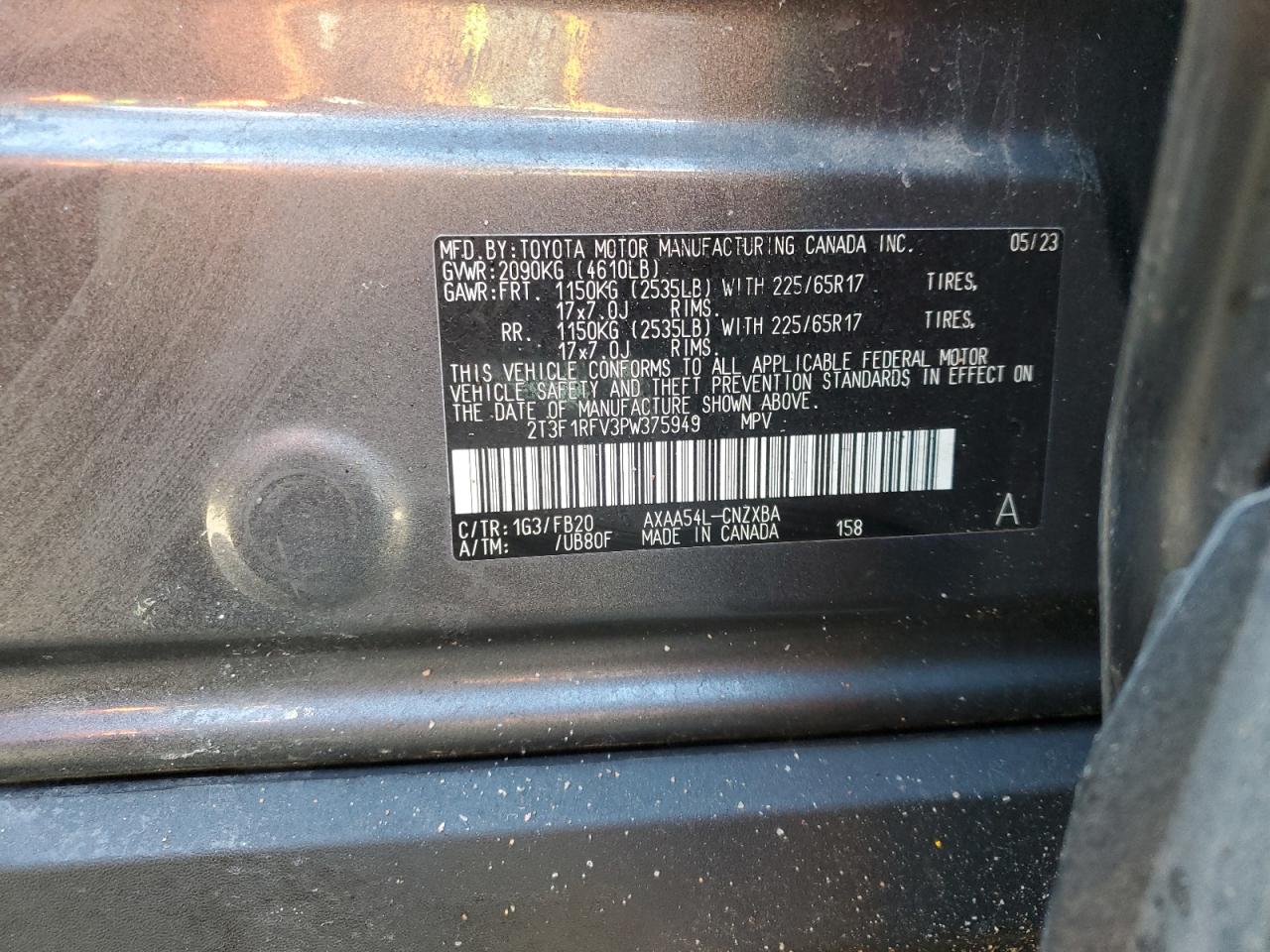 2023 TOYOTA RAV4 LE VIN:2T3F1RFV3PW375949