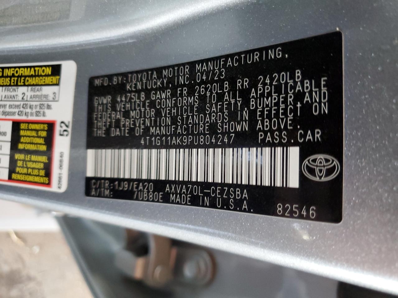 2023 TOYOTA CAMRY SE NIGHT SHADE VIN:4T1G11AK9PU804247