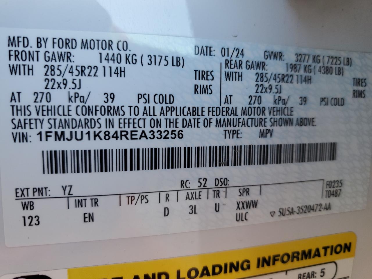 2024 FORD EXPEDITION LIMITED VIN:1FMJU1K84REA33256