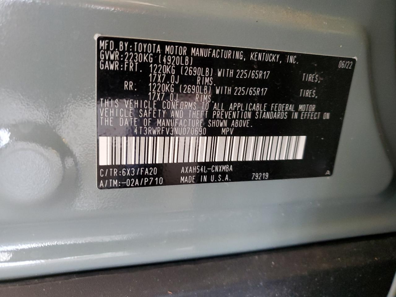 2022 TOYOTA RAV4 XLE VIN:4T3RWRFV3NU070690