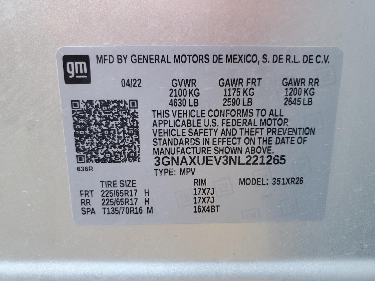 2022 CHEVROLET EQUINOX LT VIN:3GNAXUEV3NL221265