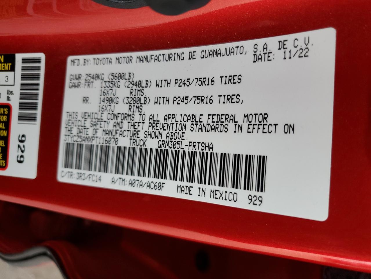 2023 TOYOTA TACOMA DOUBLE CAB VIN:3TYCZ5ANXPT116070