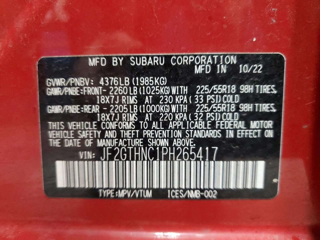 2023 SUBARU CROSSTREK LIMITED VIN:JF2GTHNC1PH265417