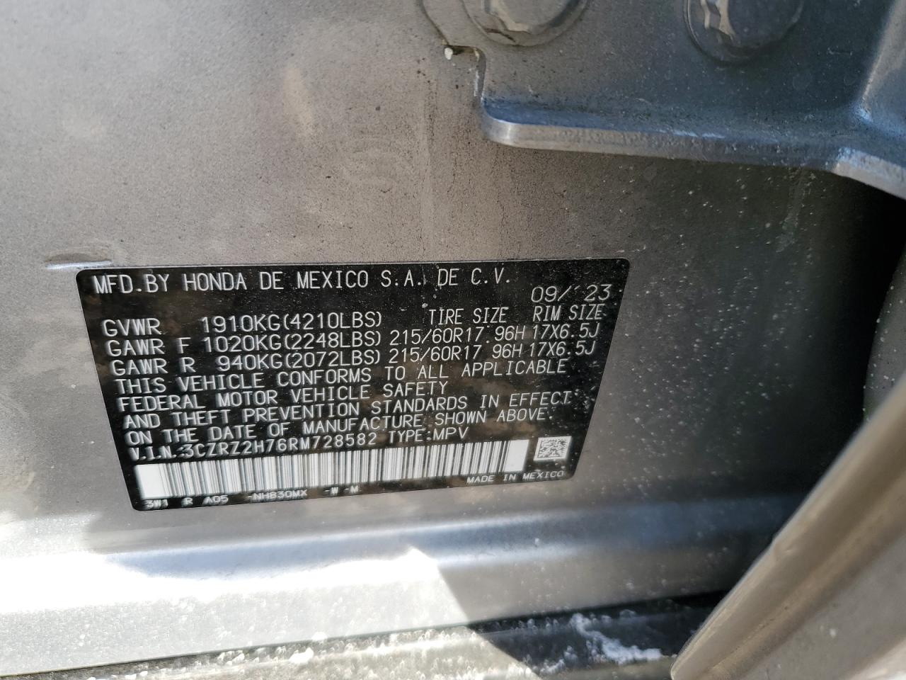 2024 HONDA HR-V EXL VIN:3CZRZ2H76RM728582