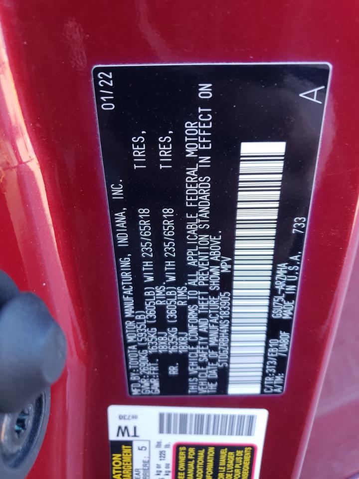 2022 TOYOTA HIGHLANDER XLE VIN:5TDGZRBH4NS183905