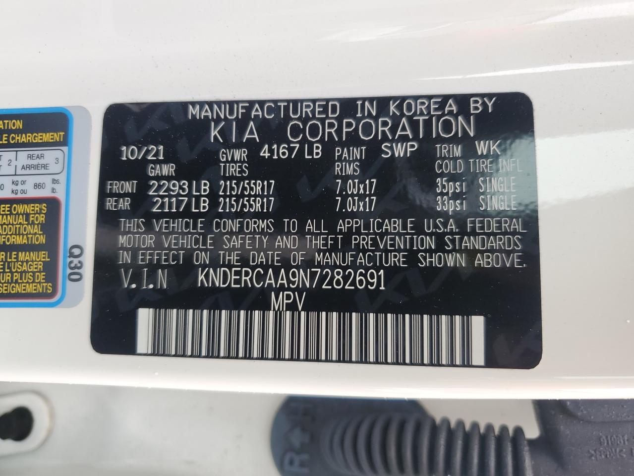 2022 KIA SELTOS EX VIN:KNDERCAA9N7282691